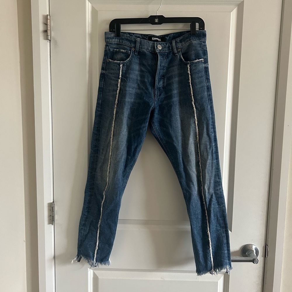 Express Vintage Skinny High Rise Raw Hem Jeans